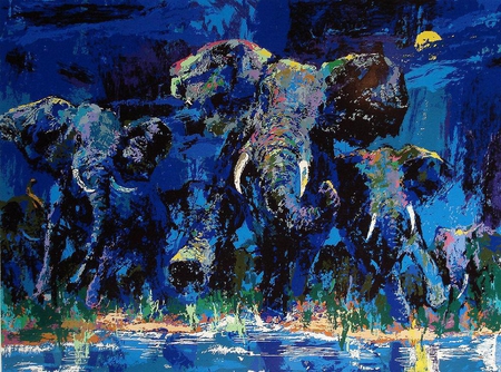 Leroy Neiman's art - moon, water, night, leroy neiman, painting, elephant, art, dark, blue