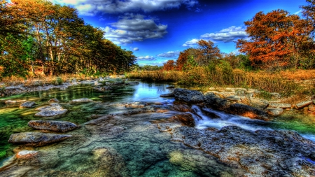 Glorioso - autumn, flowing, beautiful, stream, colorful, water, rich, blue sky