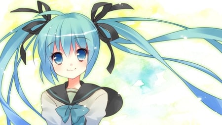 Hatsune Miku - aqua, music, anime girl, white, art, yellow, cool, aqua eyes, artistic, hatsune miku, song, vocaloids, school uniform, program, bow, vocaloid, beautiful, uniform, diva, nice, beauty, twintail, simple, singer, aqua hair, black, virtual, pretty, idol, anime, miku, cute, girl, school, cg, hatsune, blue, digital, awesome, outfit