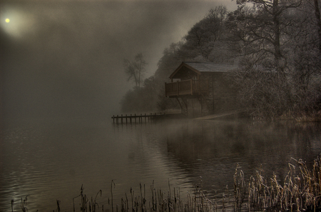 Misty autumn morning - vegetation, landscape, misty, sky, sun, clouds, house, water, fog, image, beauty, morning, popular, black, white, nature, places, background, lakes