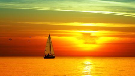 Resplendency - clouds, birds, sea, brilliant, orange, sail, sunset, sun, sky