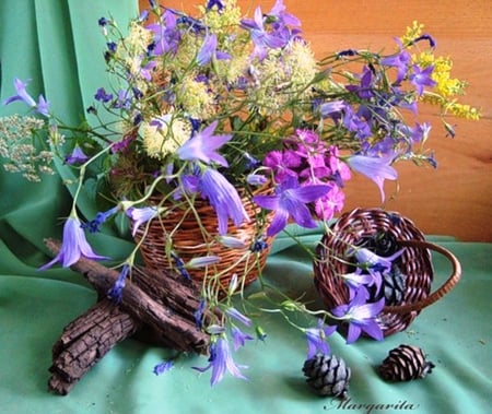 Still life - wild flowers, autumn yellow wallpaper, baskets, simple, still life, nature, brown, purple, yellow, pink, green, colors, natural