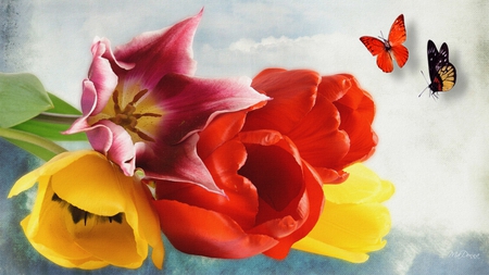 Colorful Spring Tulips - bright, tulips, flowers, color, firefox persona, spring, butterflies