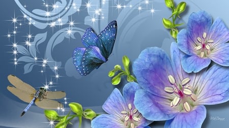 Fun Flowers and Dragonfly - swirls, buds, stars, butterfly, dragonfly, blue, flowers, sparkles, firefox persona