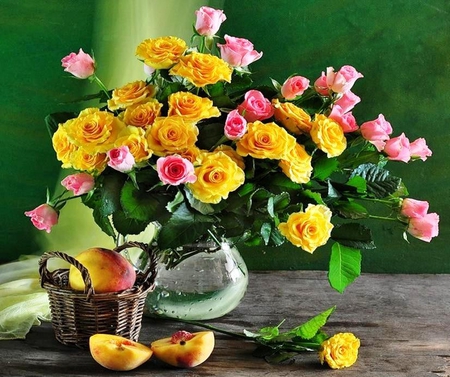 Still life - roses, beauty, freshness, pink, still life, flowers, basket, nature, fruit, color