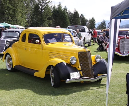 1946 Ford at the  Radium Hot Springs car show 85  - clouds, trees, yellow, tire, Photography, Headlights, tent, black, Ford, white, car, silver, green, Grills