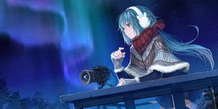 Beautiful Night - pretty, artistic, night, headphones, porch, nice, program, camera, beauty, virtual, cg, white, scarf, cute, aqua eyes, song, outfit, vocaloid, anime, blue, twintail, hatsune miku, microphone, music, aqua, aurora, art, idol, anime girl, beautiful, singer, girl, cool, black, miku, awesome, diva, digital, aqua hair, hatsune, vocaloids