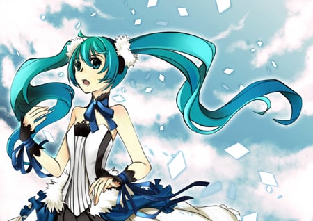 Hatsune Miku - pretty, artistic, snow, uniform, headphones, nice, program, beauty, virtual, cg, white, cute, aqua eyes, song, vocaloid, anime, blue, twintail, hatsune miku, microphone, music, aqua, art, sky, oufit, idol, clouds, anime girl, skirt, beautiful, singer, girl, cool, black, miku, awesome, diva, digital, aqua hair, hatsune, paper, vocaloids, headset