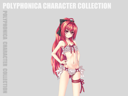 Original - red hair, bikini, gray, headband, long hair, red eyes