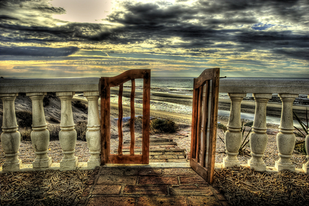 Sunset-HDR - nice, beauty, horizon, sky, beach, porch, photography, water, great, sunset, villa, amazing, view, home, pretty, cool, clouds, romance, architecture, hdr, house, ocean, lovely, nature, romantic, door, beautiful, colors, sea