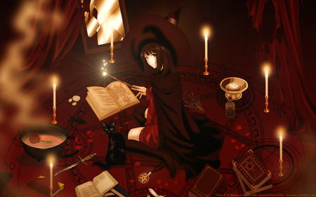 Alchemy - long hair, book, hat, black hair, dress