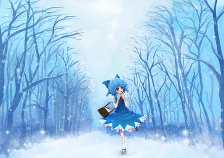 Snowy Day - anime, girl, dress, snow