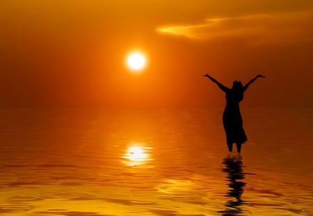 Happy Thanksgiving - woman, reflections, clouds, red, water, orange, sunset