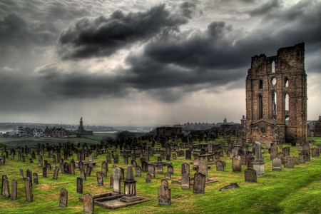 Long Forgotten - storm, clouds, cemetary, grass, church, dark, old, ruins, forgotten