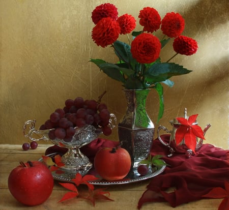 Still Life - pretty, romantic, autumn colors, romance, leaves, flowers, apples, red, vase, beautiful, photography, beauty, lovely, still life, red flowers, grapes, nature, autumn, autumn leaves, apple