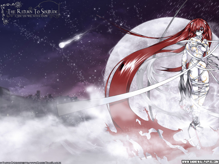 at night a assassin will come - pretty, moon, anime, amazing, night, lovely, wonderful, red eye, awesome, nice, red long hair