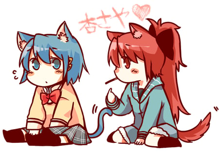 Want some? - tails, anime, neko, animal ears, miki sayaka, doggirl, catgirl, kawai, girls, pocky, mahou shoujo madoka magica, sakura kyouko, chibi, cute