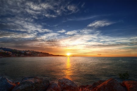 Sunrise - water, image, amazing, beach, beauty, ocean, popular, shore, nature, view, hdr, background, sun, sky, rocks