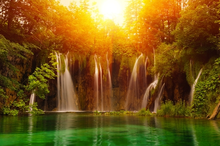 Hidden Heaven - beauty, rays, sky, sunlight, trees, sun, water, sunset, wonderful, waterfall, heaven, nature, view, forest, beautiful, scenery