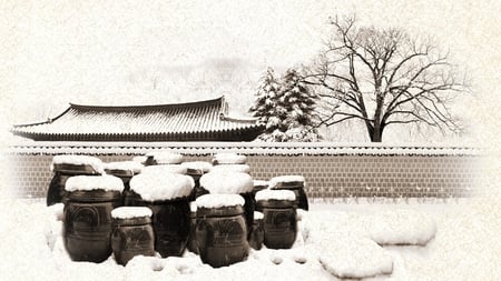 Winter Pagoda - house, winter, barrels, snow, fence, firefox persona, tree, oriental, cold, pagoda