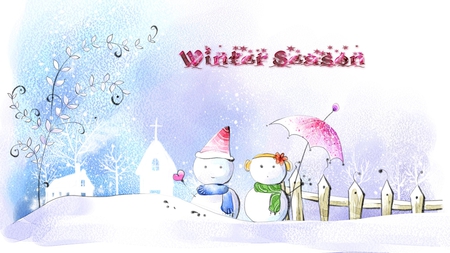 Winter Season - house, trees, snowman, snowmen, winter, fence, church, firefox persona, christmas, umbrella