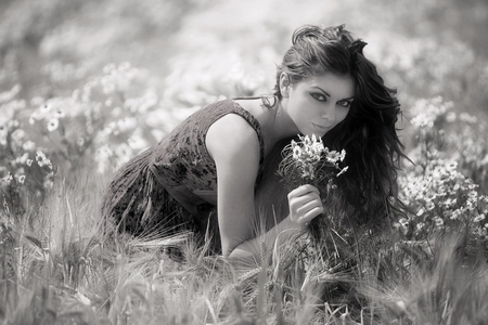 FIELD - beauty, women, photography, field, bw, flowers, gras