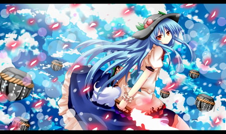 Touhou - game, dress, blue long hair, cute, swrrt, petals