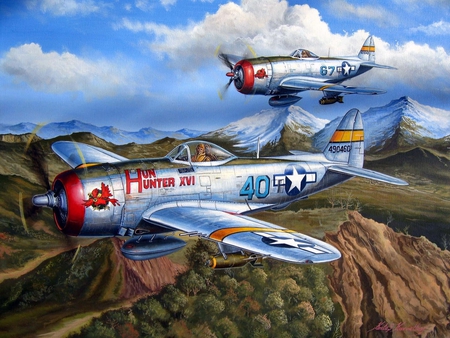 Thunderbolt Pair - p47, hunter, xvi, p-47, republic, plane, hun, ww2, painting, thunderbolt, wwii