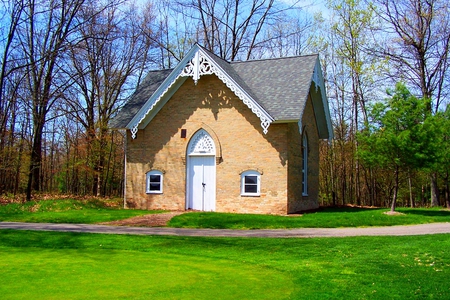 Mini Church - quaint, trees, brick, small, little, mini, grass, church