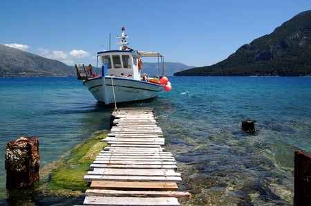 Ideal Vacation - sky, lake, dock, beautiful, water, mountains, greece, boat