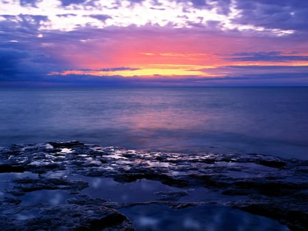 Distance Sunset - clouds, beach, sea, sunset, nature, purple, rays, view, sun, sky