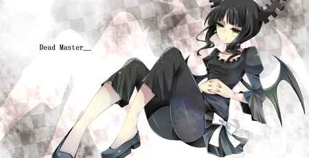 Master of dead - green eyes, short hair, black hair, black rock shooter, dress