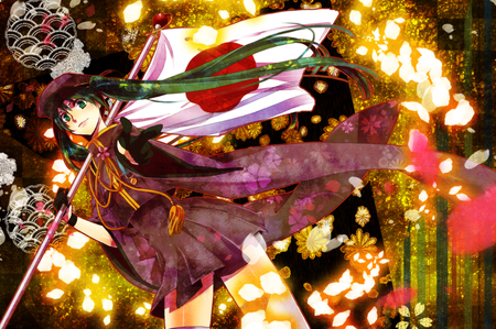 Senbon Sakura - pretty, artistic, light, uniform, japan, nice, program, thighhighs, beauty, gold, virtual, cg, white, senbon sakura, cute, song, outfit, vocaloid, anime, blue, twintail, hatsune miku, music, aqua, purple, red, fire, japanese flag, art, flag, idol, anime girl, beautiful, singer, girl, cool, orange, black, glow, miku, awesome, diva, digital, thigh highs, hatsune, vocaloids