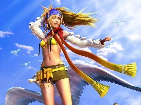 Rikku - birds, long hair, final fantasy, fly, bikini, final fantasy x-2, sky, video game, clouds, sunlight, girl, headband, braids, scarf, rikku, wings, shorts