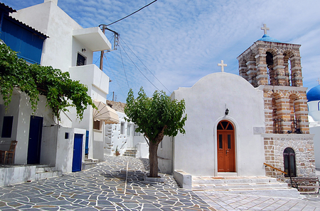 Beautiful Town in Greece - sky, greece, white, cobblestone, village, town, beautiful, door, clouds, blue