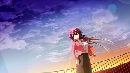 Rei - sky, girl, long hair, purple hair, sunset, anime girl, game cg, green eyes, cool, rei, clouds, anime, soushinjutsu rei