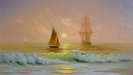 Pastel Seascape - sea gulls, sail, seascape, sunset, waves, painting, green pale, pastel, boat