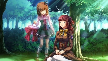 Umineko No Naku Koro Ni - sunlight, anime, tree, kawai, ushiromiya maria, girls, smile, ushiromiya ange, cute, umineko no naku koro ni