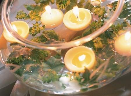 Candlelight - beauty, candles, light, water, bright, leaves, decoration, candlelight, harmony