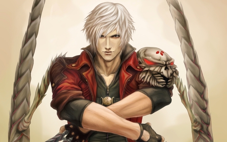 Dante - blue eyes, gloves, jacket, armour, dante, anime, video games, short hair, devil may cry, white hair