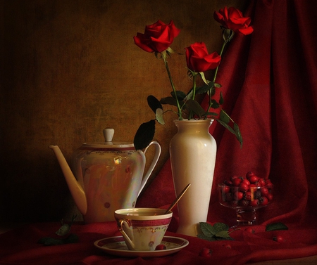 ~NOSTALGIC~ - vase, roses, nostalgic, romantic, red, tea, cup