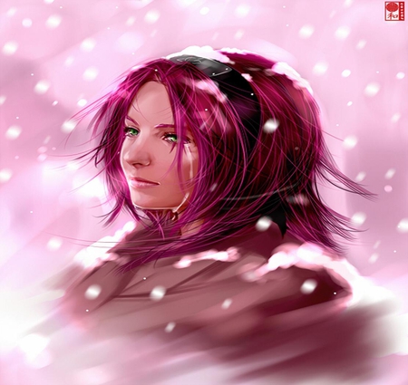 Haruno Sakura - anime, female, snow, green eyes, shinobi, naruto, haruno sakura, pink hair, sakura, beautiful, girl, headband, ninja, pink background, naruto shippuden, kunoichi, lone