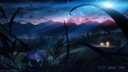 Eden - moonlight, mountains, scenery, moon, eden, house, grass