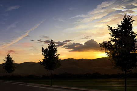 Sunset - sunset, scenery, cloud, mountains, tree, sun, sky