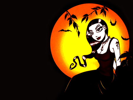 Lady in Black - woman, moon, bats, nemi