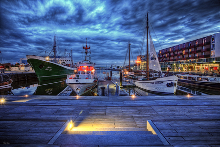 Bremerhaven - port, sky, boats costal, lights, sailboats, night