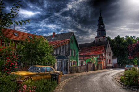 A Village - village, houses, car, dark, photography, road