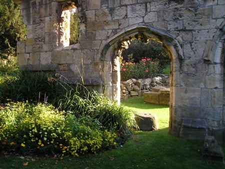 secret garden - secret, wall, door, flowers, plants, garden