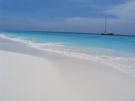 Sailboat in the Distance - beach, sand, ocean, boat