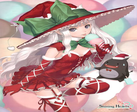 Shining Hearts - female, hot, thighhighs, anime girl, cool, witch hat, cute, ice cream, sexy, elf, sexy pose, christmas, witch, doll, shining hearts, bow, red dress, sweet, dress